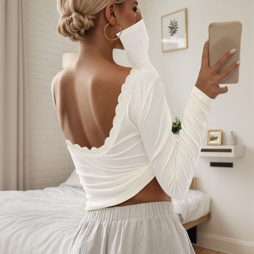 Lace Panel Long Sleeve Top Sexy Slim Fit Backless Design Ribbed Texture Perfect for Parties and Night Out Wholesale