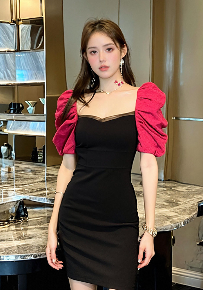 Đầm ôm body nữ phong cách Pháp cổ vuông tay bồng — [Đen] chi tiết 5