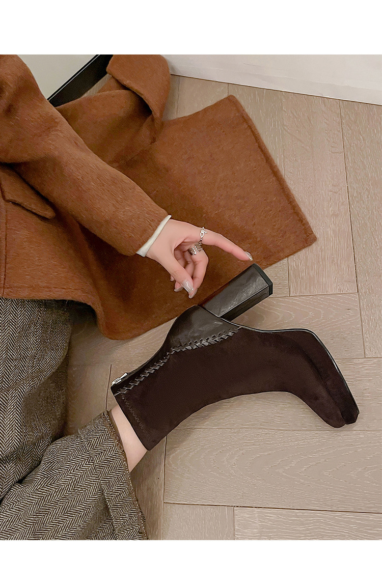 Boot nữ mũi nhọn gót thô cao 9cm cổ ngắn ôm chân phối da cừu — Lớp lót đơn màu đen, Lớp lót đơn màu nâu, Lót nhung đen, Lót nhung màu nâu