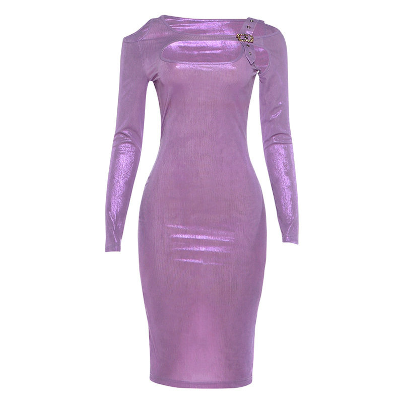 Fashionable Womens Long Sleeve Bodycon Dress Sexy Hollow Design Metallic Buckle Autumn Style Wholesale Available
