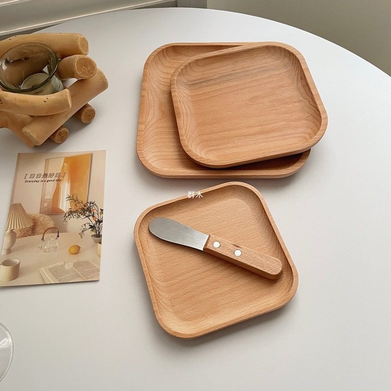 Ins-Style Wooden Tray Round Wooden Tray Japanese Oval Beech Small Wooden Plate Milk Snack Plate Display Plate