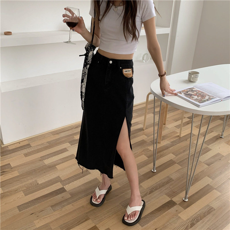 Vintage High Slit Denim Skirt Elegant Style Patchwork Design Summer Fashion Womens Casual Wear Wholesale Available
