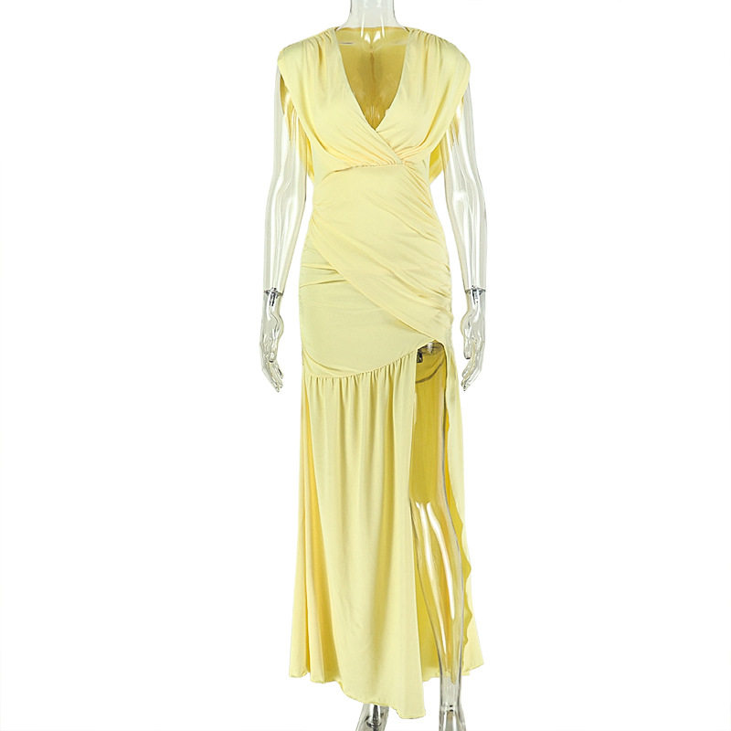 Fashionable Solid Color Womens V Neck Sleeveless Split Ruched Long Dress Slim Fit Elegant Style Perfect for Parties