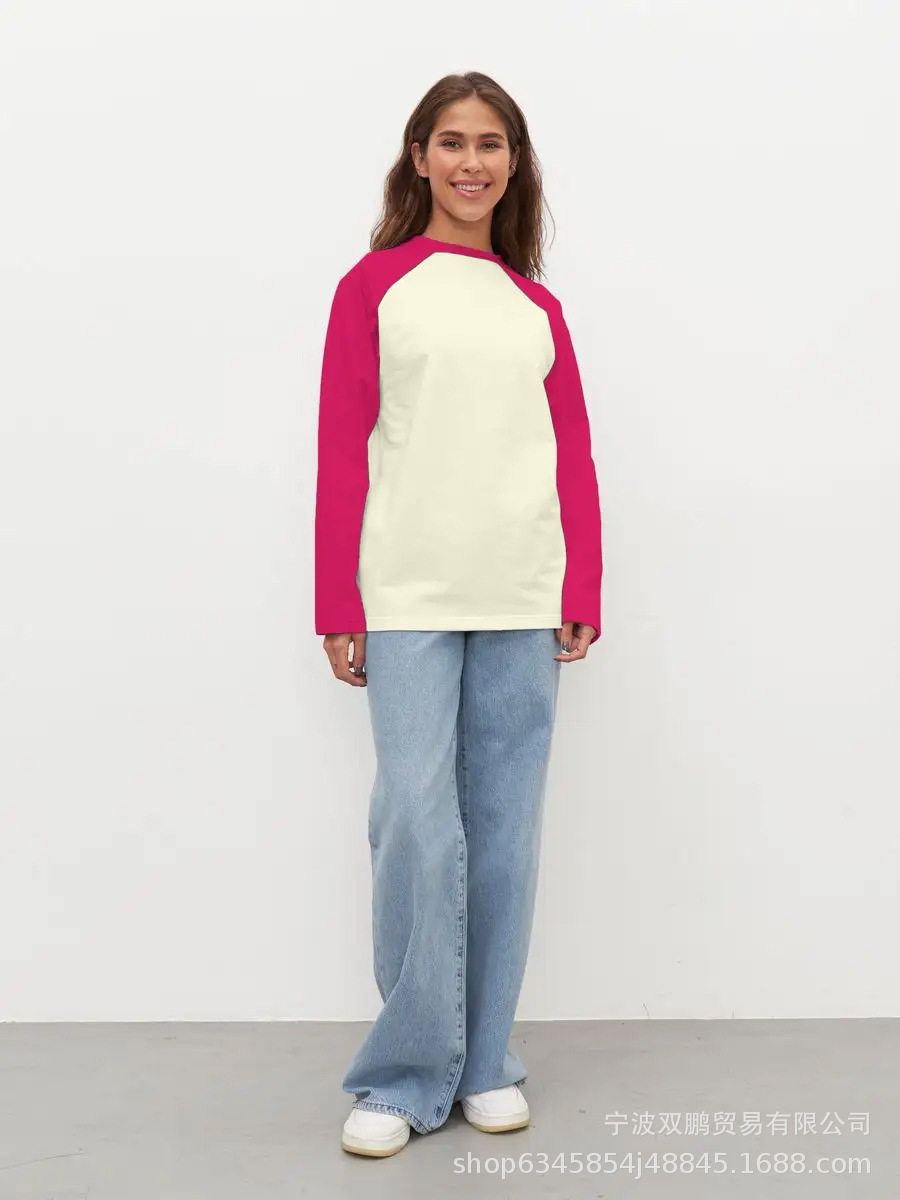 Womens Color Block Long Sleeve T Shirt Casual Loose Fit Round Neck Cotton Fabric Spring and Autumn Essential