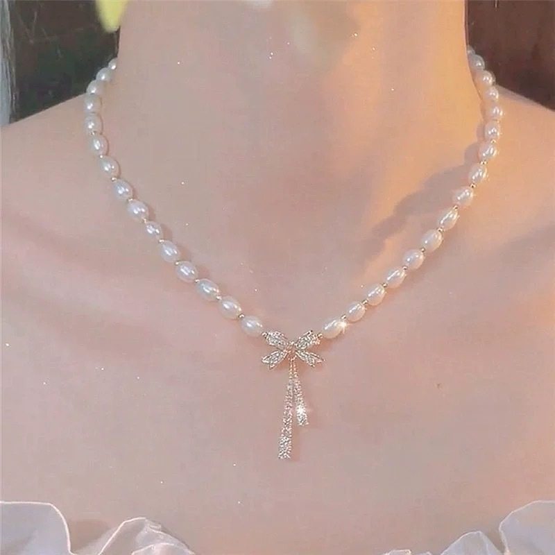 High-end Accessible Luxury Design Bow Pendant Necklace Fairy Tassel Clavicle Chain Beautiful Versatile Elegant Pearl Chain