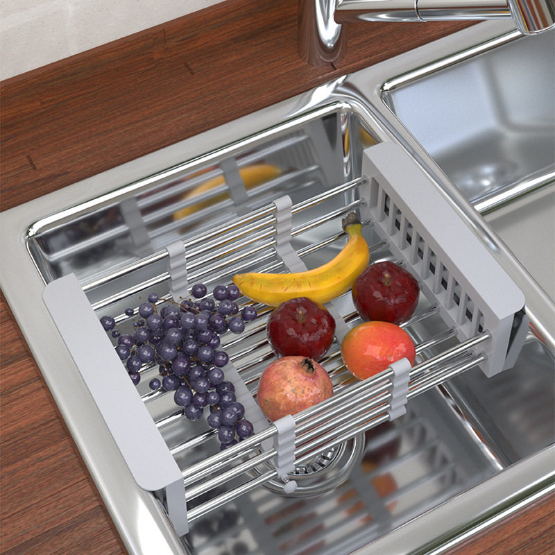Stainless Steel Retractable Sink Drain Rack Fruit and Vegetable Bowl Chopsticks Vegetable Washing Drain Basket Household Dish Fruit Storage Rack