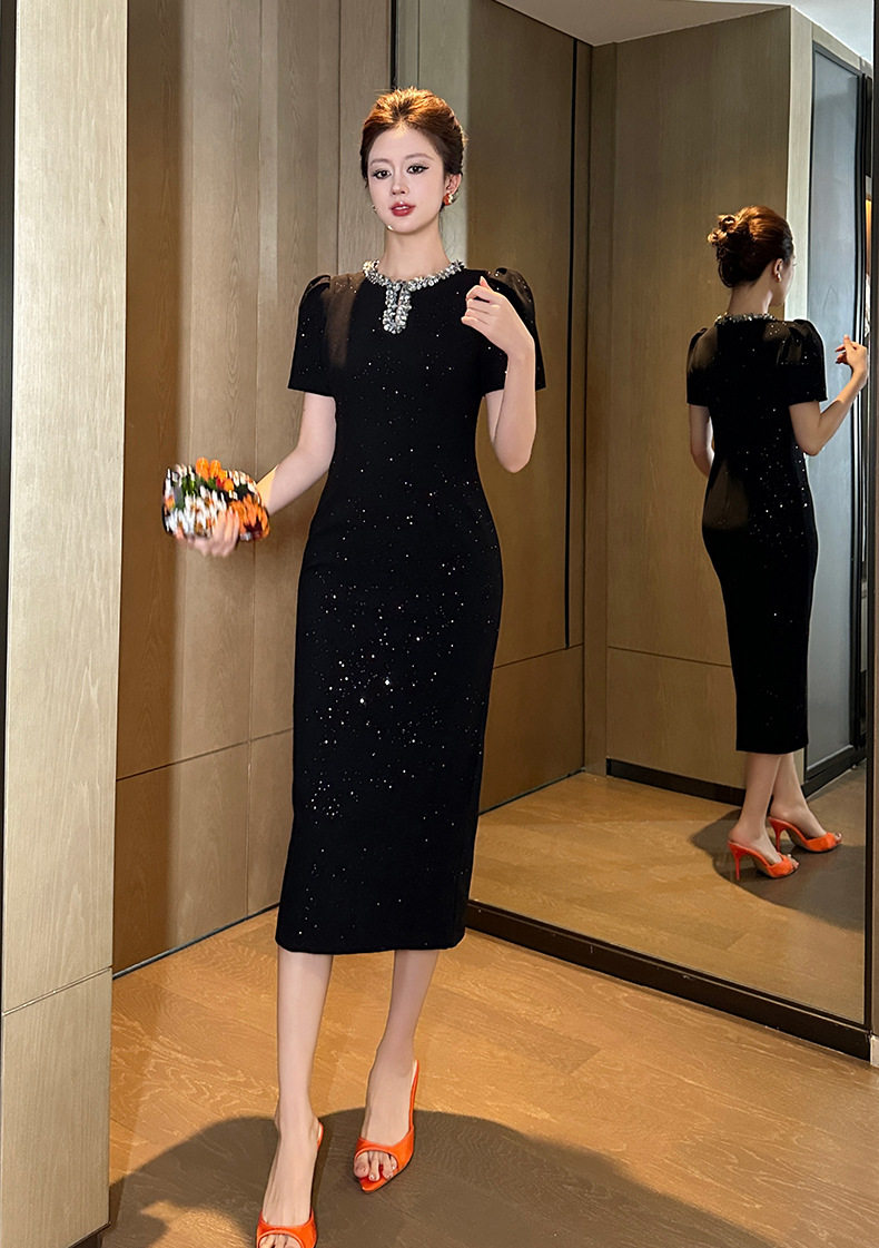 Đầm ôm body nữ cổ tròn tay ngắn, phong cách tiểu thư sang trọng, đính sequin lấp lánh, dáng dài ôm eo — [Đen] chi tiết 8