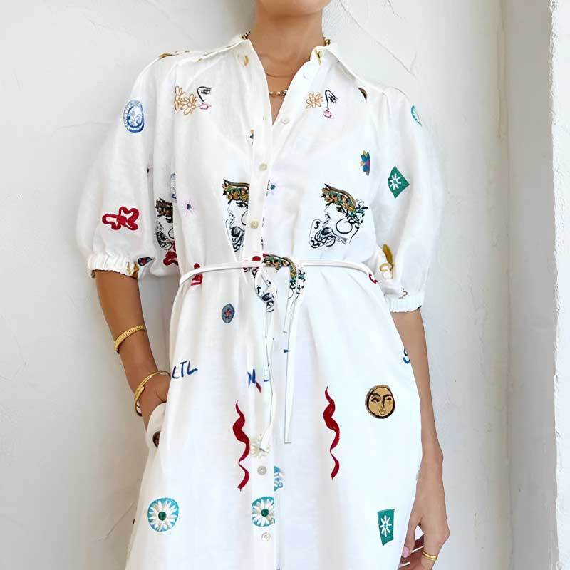 White Printed Lapel Shirt Dress with Tie Spring Collection Womens Fashion Wholesale Available
