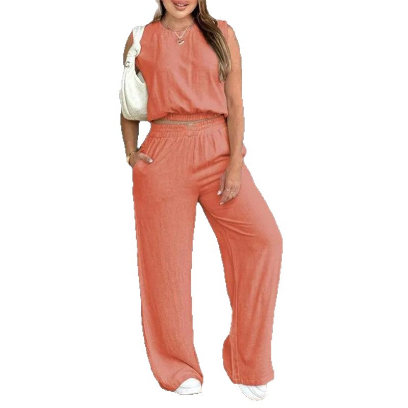 Womens Summer Outfit Set Sleeveless Top Straight Leg Pants Casual Style Perfect for Everyday Wear Wholesale
