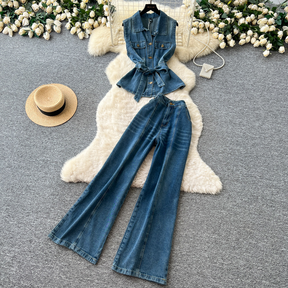 Summer Womens Denim Two Piece Set Sleeveless Slim Fit Top High Waisted Pants Casual Chic Style Wholesale Available