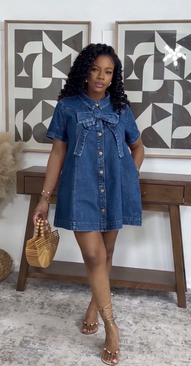 Elegant A Line Mini Denim Dress with Bow Detail Loose Fit Sweet Style Perfect for Casual Outings Wholesale Available
