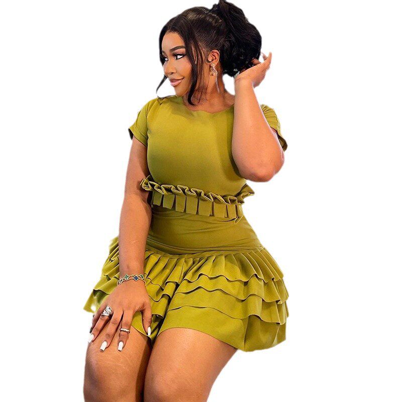 Fashionable Womens Bodycon Dress Solid Color Pleated Design Short Sleeve Round Neck Casual Wear for Spring Summer