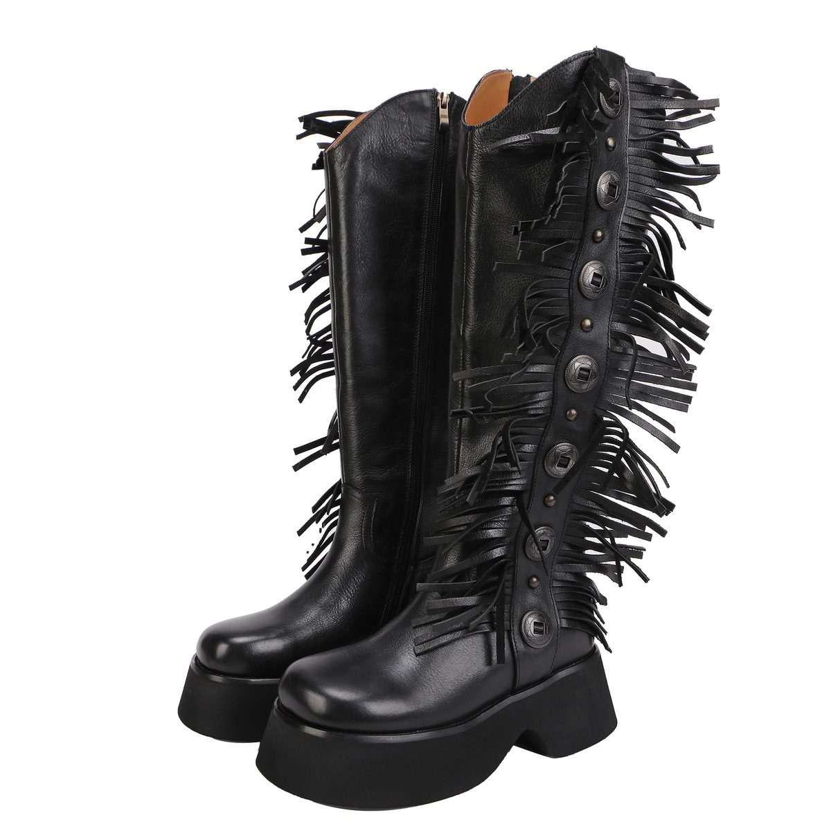 Boot nữ cổ cao da bò thật gót vừa tua rua khóa kéo bên — màu đen, màu nâu