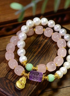仇氏9mm强光淡水珍珠搭配老型粉晶双圈手链白玉吉祥葫芦吊坠手串