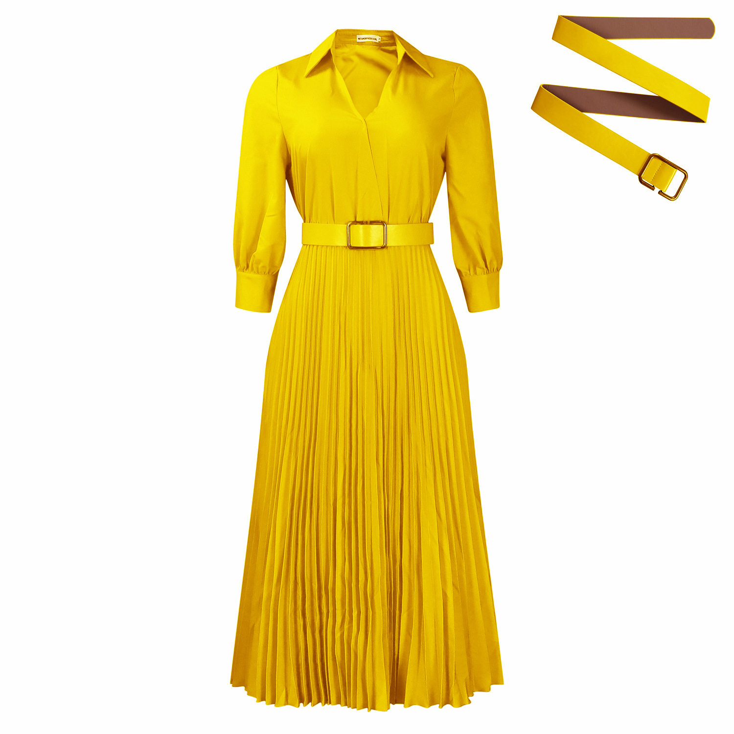 V Neck Long Sleeve Pleated Dress Solid Color Flowy Skirt Fashionable Design Spring Summer Wear Wholesale Available