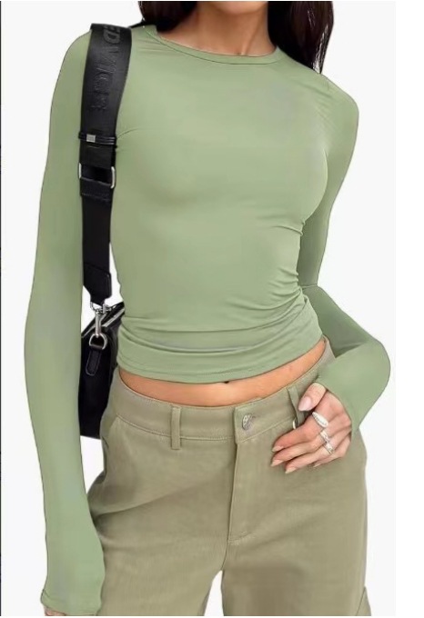 欧美女装休闲长袖t恤春秋纯色修身套头衫t恤女街装打底衫上衣