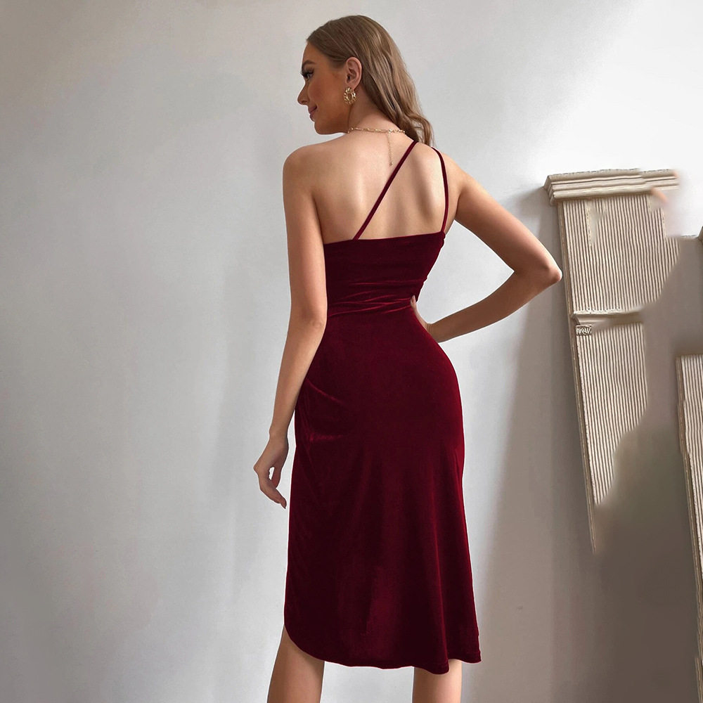 Womens Velvet Dress Asymmetrical Hem Sleeveless Waist Defined Elegant Office Wear for Wholesale Available