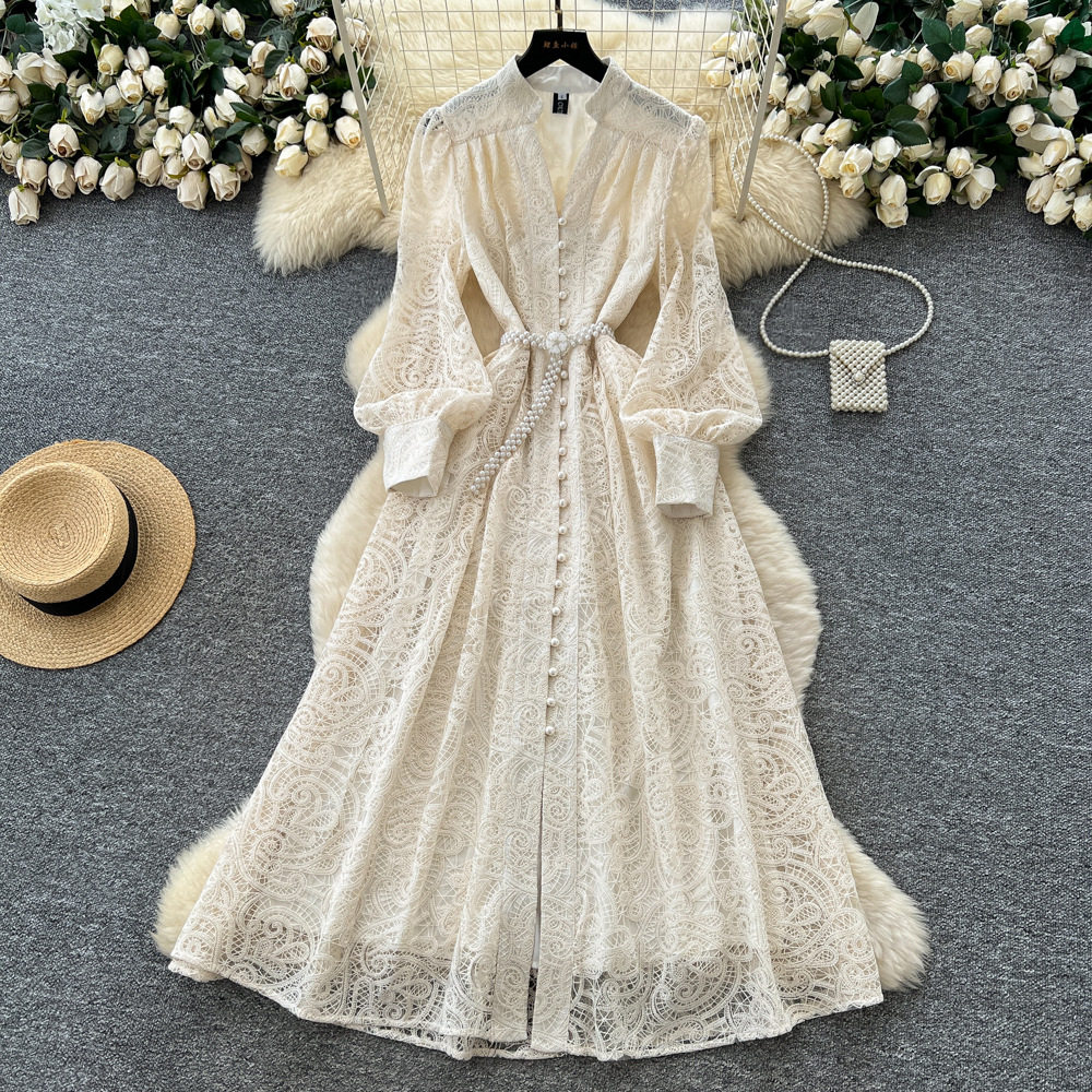 French Elegant V Neck Lace Dress Lantern Sleeves Waist Defining Button Closure Perfect for Formal Occasions