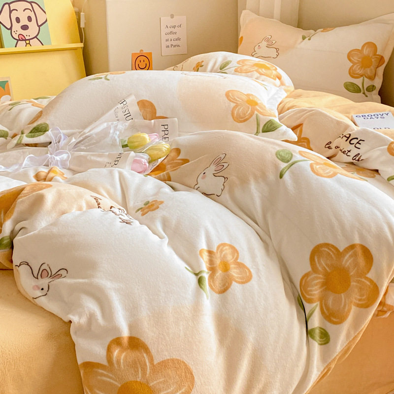 Small Fresh Milk Velvet Four-piece Set Flannel Dormitory Three-piece Set Thickened Crystal Velvet Coral Velvet Bedding