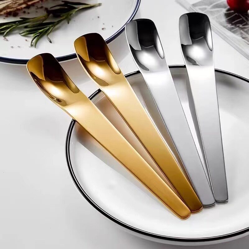 304 Stainless Steel Spoon Thickeneded Long Handle Dessert Spoon Cake Spoon Bread Cheese Spoon Flat Head Stirring Spoon Cat Food Spoon