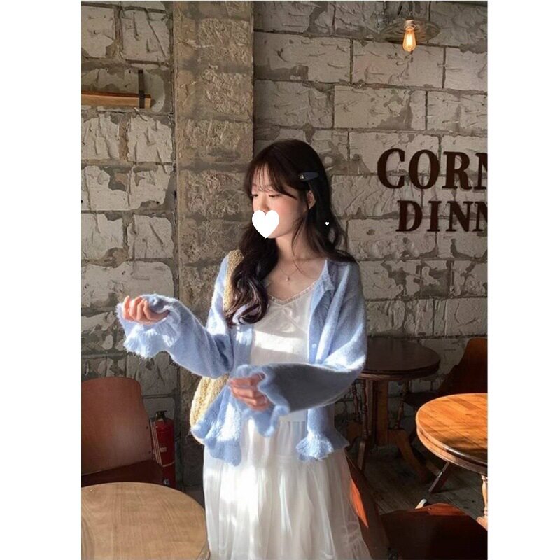 马海毛荷叶边镂空开衫2026新款春季好看毛衣温柔风针织外套