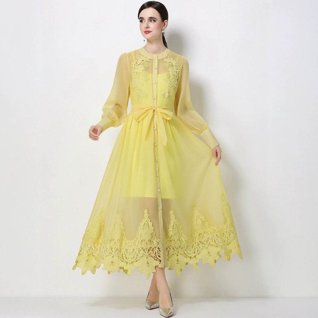 Korean Style Embroidered Hollow Out Dress Long Sleeve Waist Defining Slim Fit Yellow Summer Office Wear Wholesale