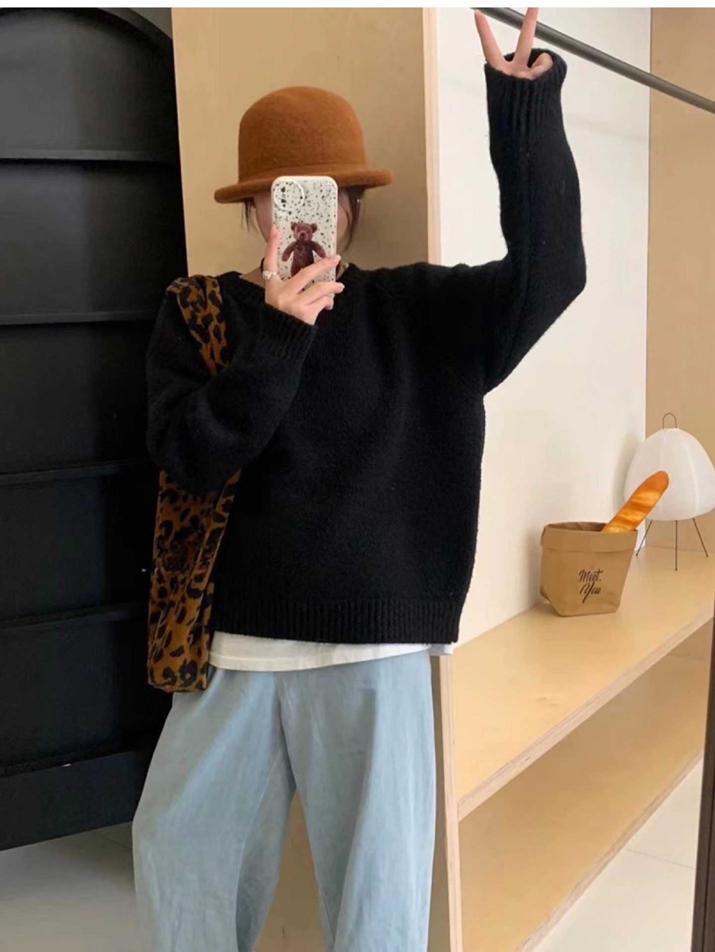 秋冬季圆领皮标糖果色套头毛衣女韩系别致内搭宽松显瘦针织衫上衣