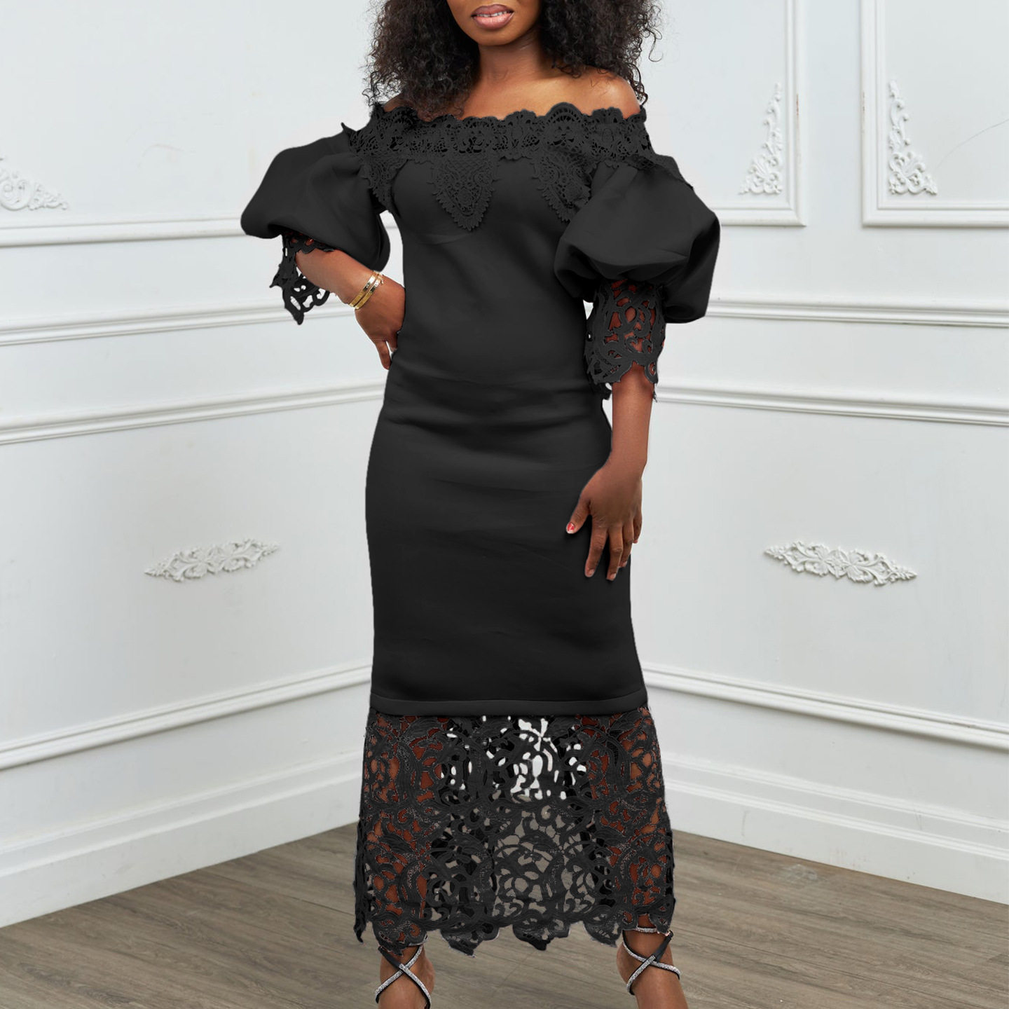 Off Shoulder Lace Trimmed Evening Dress Lantern Sleeves Elegant Design Perfect for Parties Wholesale Availability