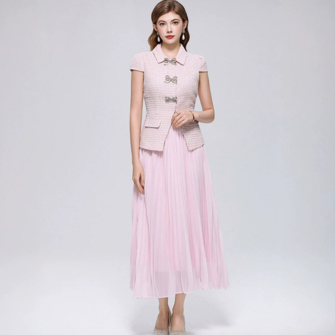 French Style Sweetheart Collar Sleeveless Top with Pleated Skirt Elegant Summer Two Piece Set for Women Wholesale