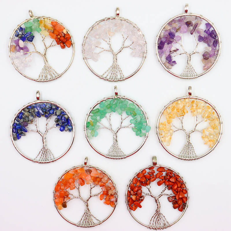Amazon Natural Crystal Gravel Winding Colorful Life Tree Pendant Necklace Natural Stone Fortune Tree Dream Pendant
