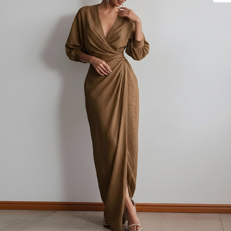 Womens Spring V Neck Long Dress Elegant Solid Color Waist Defining Fashionable Perfect for Casual or Formal