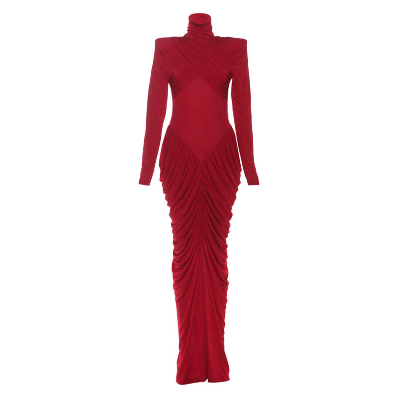 High Neck Long Sleeve Bodycon Dress Solid Color Ruffled Design Elegant Style Autumn Winter Fashion Wholesale