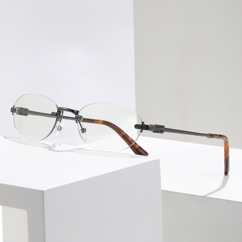 Photochromic Rimless Glasses Korean Style Retro Cross-Border Trendy Round Anti-Blue Light Flat Frame High-End Fashion Glasses