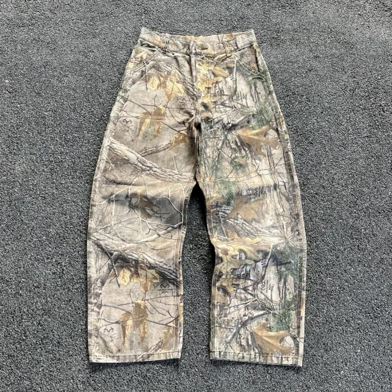 European and American trendy brand VK hot-selling printed jeans retro casual versatile tree branch camouflage pants washed and distressed work pants