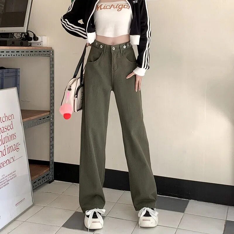 Plus Size Vintage High Waisted Slimming Jeans Loose Fit Straight Leg Green Color Autumn Casual Wear Wholesale