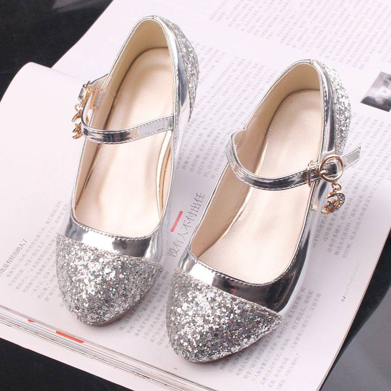 Children's Shoes Girls' Leather Shoes Korean Style High Heeled Princess Shoes Frozen Silver Children's Dance Shoes Aisha Shoes Summer