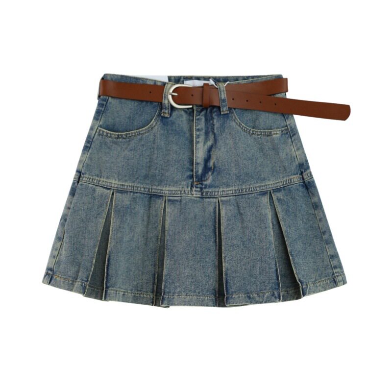 High Waisted Vintage American Style Denim Skirt Flattering A Line Silhouette Pleated Design Includes Belt Spring