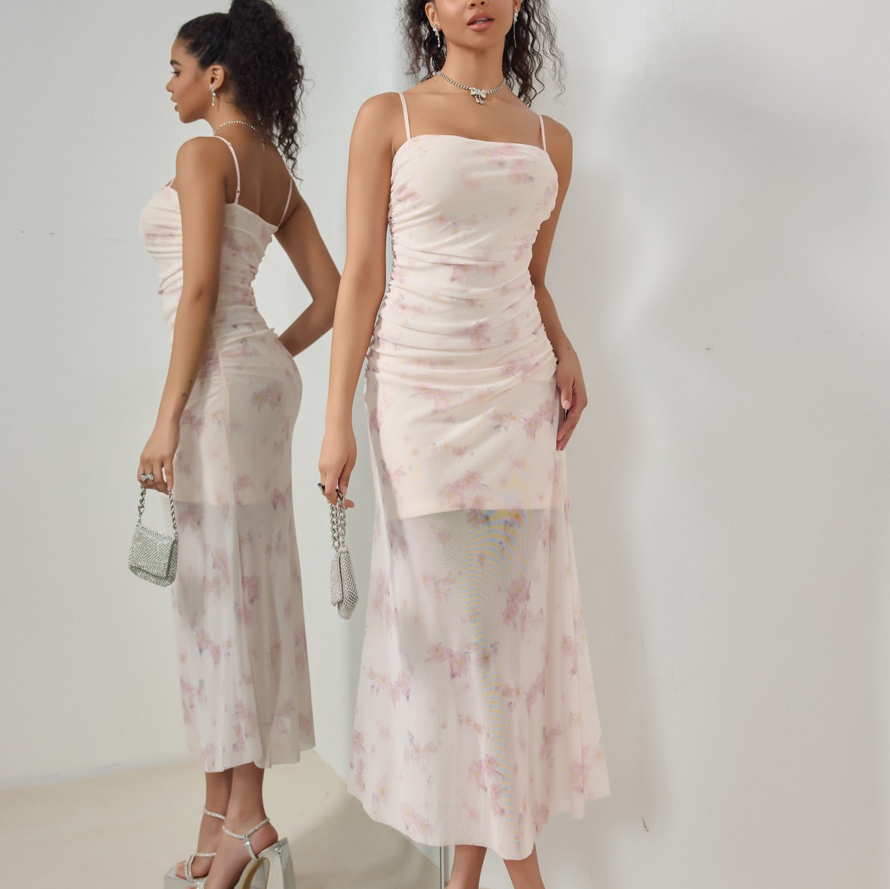 Sweet Floral Ruffled Maxi Dress High Elasticity Spaghetti Straps Vacation Style Spring Summer Collection Wholesale