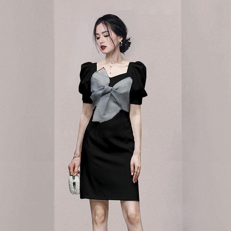 Đầm suông nữ midi tay ngắn cổ vuông chất polyester — Trắng, Đen