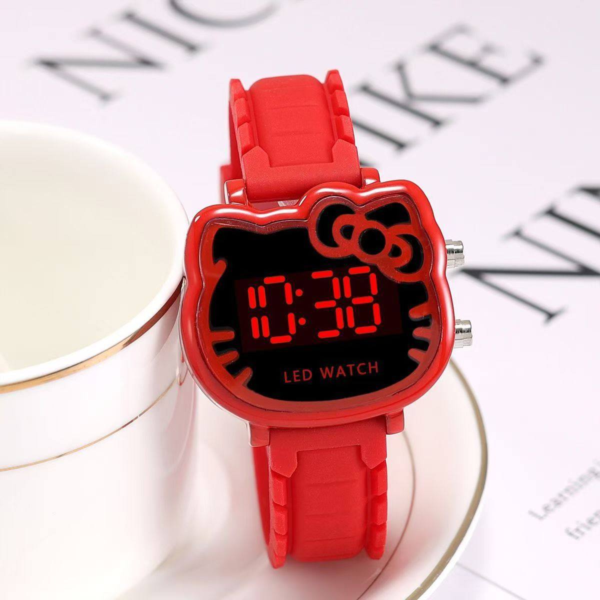 Factory in stock Hot Selling Cute kt Cat LED Electronic Watch Silicone Electronic Fashion Children's Watch Female Student Watch