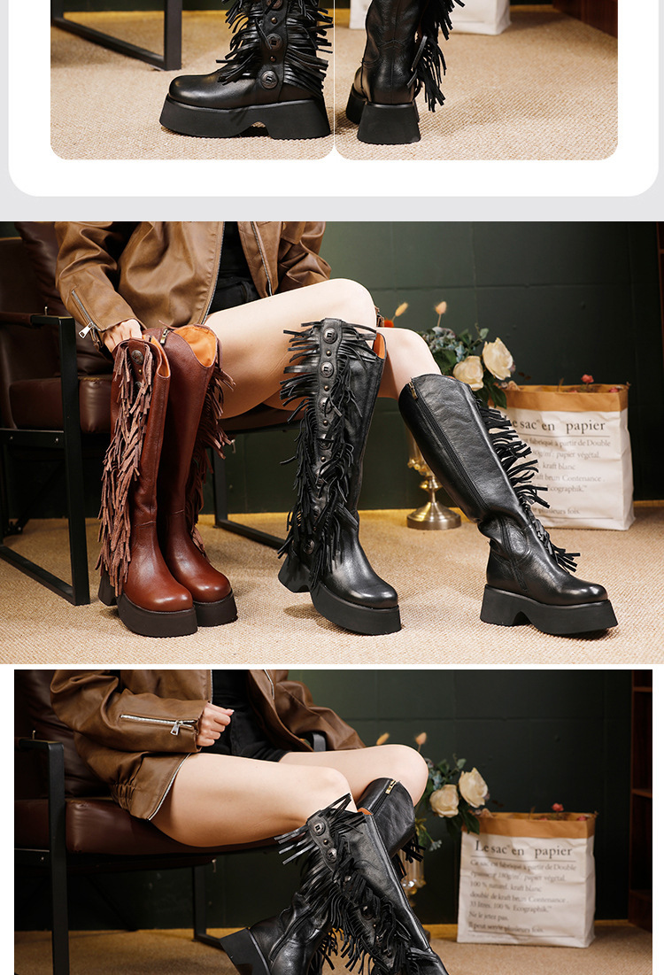Boot nữ cổ cao da bò thật gót vừa tua rua khóa kéo bên — màu đen, màu nâu