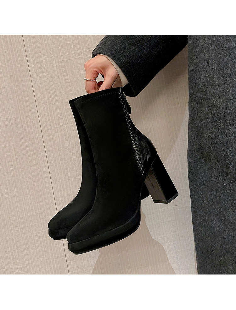 Boot nữ mũi nhọn gót thô cao 9cm cổ ngắn ôm chân phối da cừu — Lớp lót đơn màu đen, Lớp lót đơn màu nâu, Lót nhung đen, Lót nhung màu nâu