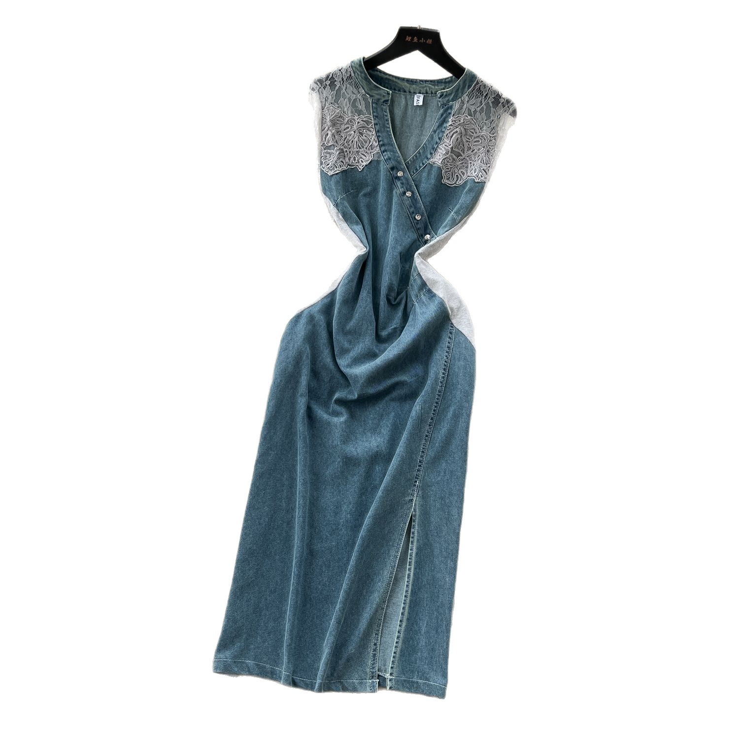 V Neck Lace Panel Short Sleeve Denim Dress for Women Slim Fit Summer Style Available in Blue Wholesale Sizes M to XXL