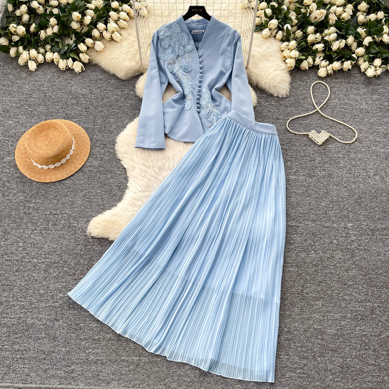French Chic V Neck Embroidered Jacket with High Waisted Pleated Skirt Elegant Slim Fit Stylish Spring Fall Womens
