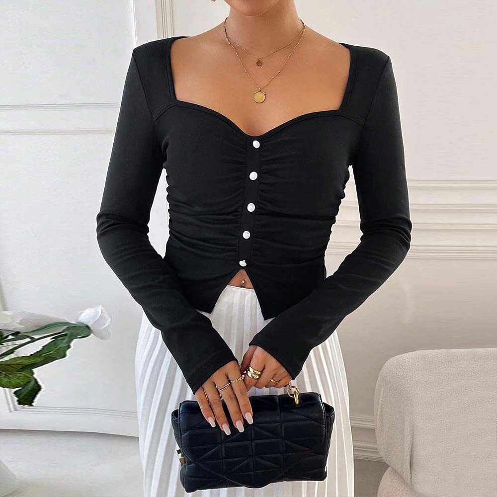 French Style Square Neck T Shirt Elegant Slim Fit Spring Summer Womens Fashion Top Wholesale Available