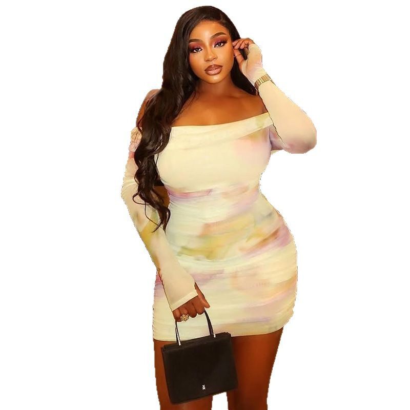 Casual Floral Print Bodycon Dress Fresh and Comfortable Off Shoulder Long Sleeve Ideal for Spring Summer Wholesale