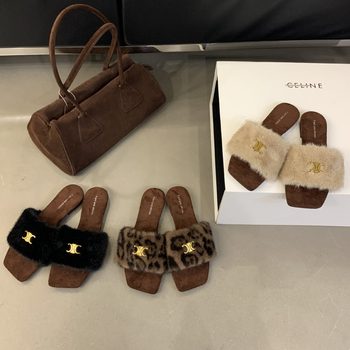 Internet Celebrity Leopard Print Furry Slippers for Women to Wear Outside 2025 Autumn and Winter New Furry Flats Slippers Home Cotton Slippers