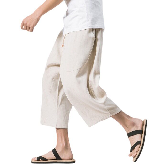 中国风2021年夏季新款男士棉麻国潮宽松休闲裤男式七分哈伦裤男潮