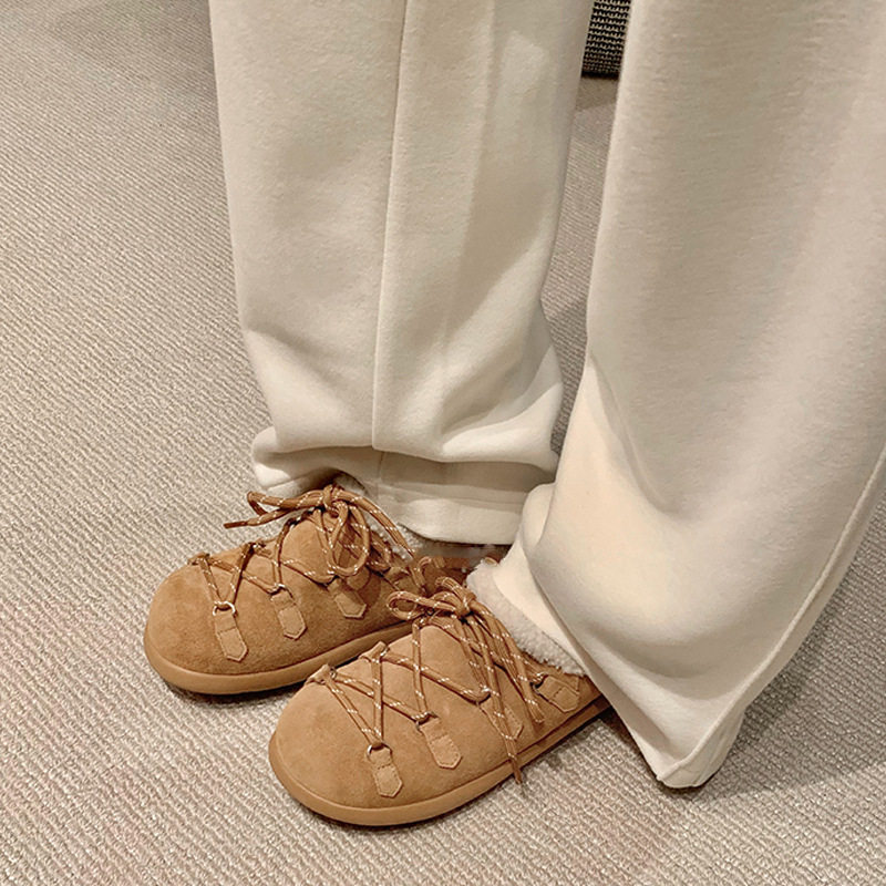 Autumn and Winter New Style Strappy Little Potato ~ Warm Strappy Thick-Soled Lamb Wool Birkenstock Slippers for Women with Toe Caps and Half Slippers