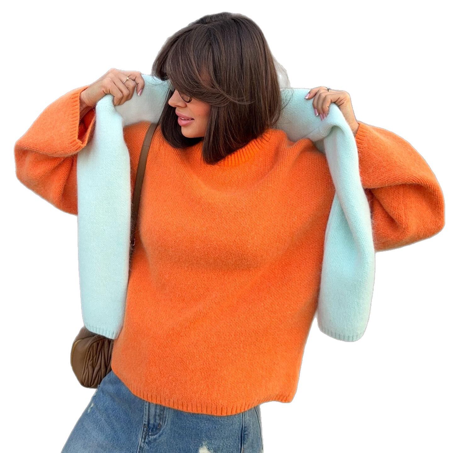 Womens Oversized Knit Sweater Round Neck Faux Mink Fabric Long Sleeve Casual Style Perfect for Spring and Autumn